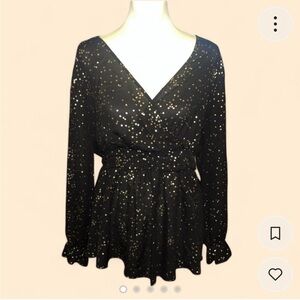 Bloomchic Black & Gold Foil Star Vneck Peplum Top Size 12